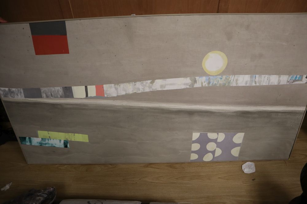 Three large contemporary oil on canvas abstract panels, pair overall height 106 x 284cm and one overall 104 x 201cm